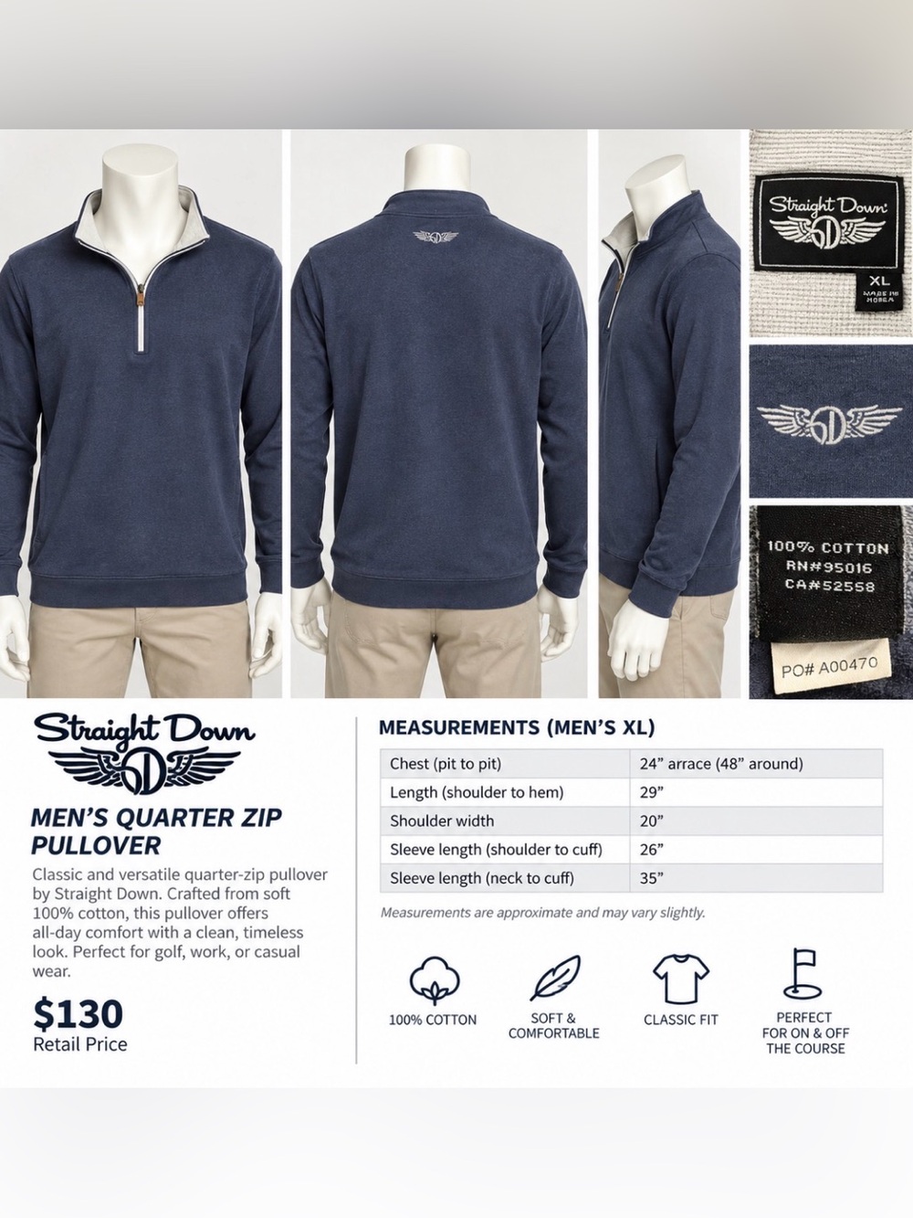Straight Down Men's Navy Half-Zip Cotton Sweater